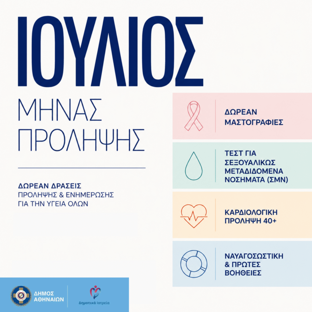 προληπτικές εξετάσεις και ενημέρωση του Δήμου Αθηναίων για τις δωρεάν δράσεις υγείας του Ιουλίου 2026.