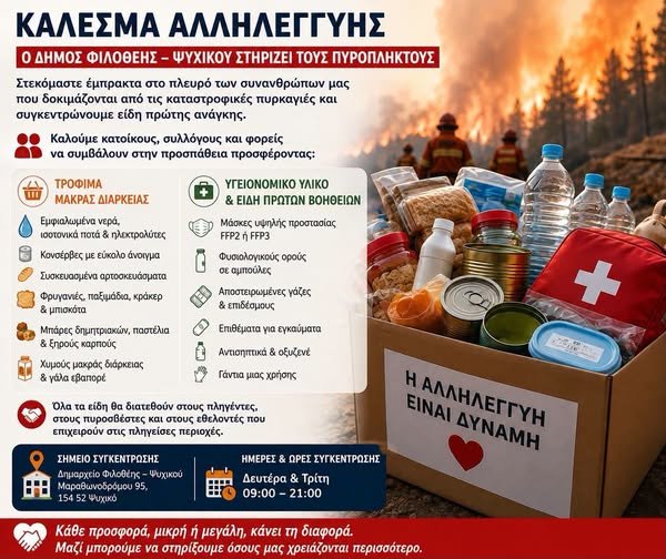 Εθελοντική συγκέντρωση ειδών πρώτης ανάγκης στο Δημαρχείο Φιλοθέης – Ψυχικού για τους πληγέντες από τις πυρκαγιές.