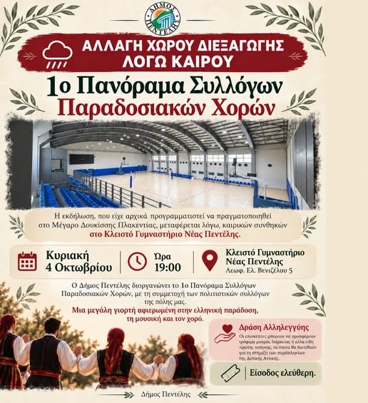 1ο Πανόραμα Συλλόγων Παραδοσιακών Χορών στην Πεντέλη – Αλλαγή χώρου λόγω καιρού