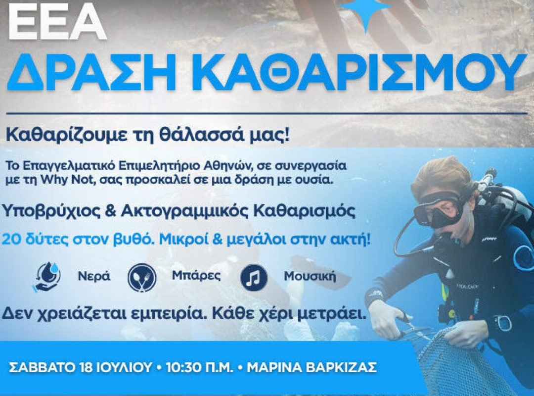 Εθελοντές και δύτες καθαρίζουν τον βυθό και την ακτή στη Μαρίνα Βάρκιζας στο πλαίσιο περιβαλλοντικής δράσης του ΕΕΑ.
